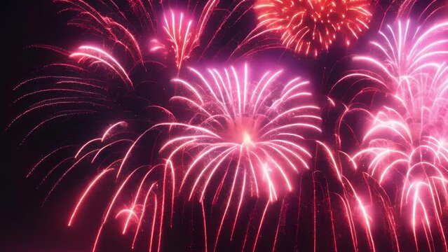 Vibrant fireworks exploding in the night sky. Colorful firecracker display during night time. Christmas celebration. Concept of celebration, festive event, night sky, fireworks show. Motion