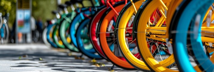 Colorful bicycles lined up in a row on a sidewalk, with a bike sharing station sign visible in the background