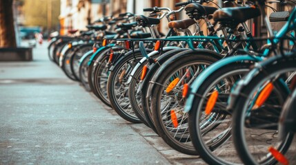 Colorful bicycles lined up in a row on a sidewalk, with a bike sharing station sign visible in the background
