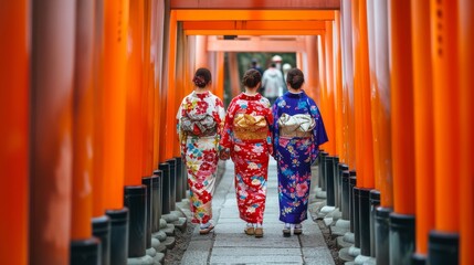 Group of women in colorful traditional Japanese kimonos