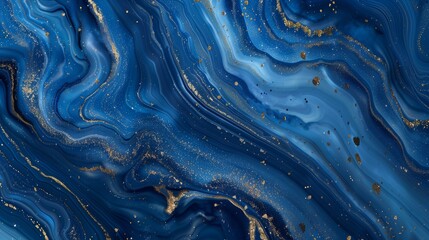 : A vibrant, swirling marbled blue abstract background, with streaks of gold and silver flowing seamlessly through the liquid marble pattern.