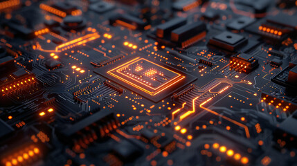 Dynamic close-up of illuminated circuit board with glowing orange lights