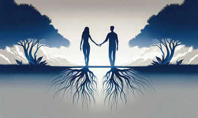 Silhouette of a couple holding hands with tree roots connecting them, symbolizing deep connection and unity. Set against a serene background with trees and clouds.