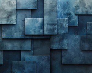: Abstract geometric shapes in varying shades of dark blue, layered against a grainy gradient background with a slight metallic sheen.