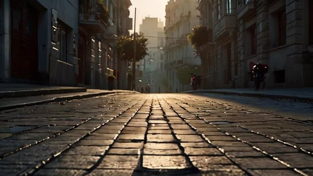 Cobblestone Street with Buildings on Each Side and Golden Sunlight Shining Through