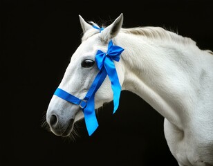 White Horse with Blue Ribbon on Black Background.