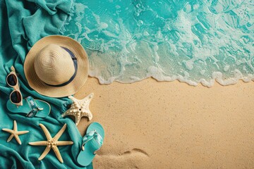 Flat lay of a beach scene with a towel, sunglasses, and flip-flops, ample empty space on one side for messages