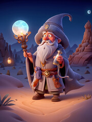 A wizard wanders through the desert at night.