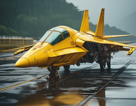 Yellow Futuristic Starfighter on Rainy Tarmac, old scratched metal spaceship