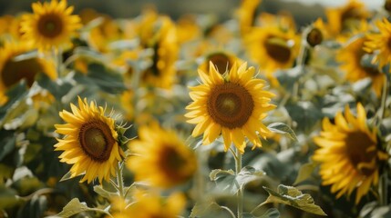 Fototapeta premium A field of yellow sunflowers with a few of them in full bloom