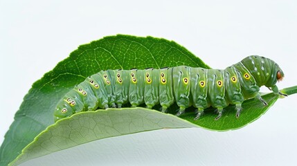 Namiagehata butterfly s green terminal instar larva feeding on lemon leaf against a white backdrop