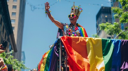 Naklejka premium A photo of a person wearing a rainbow-colored cape and a crown, standing on a platform and waving to the crowd during a Pride Parade.