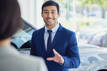 People, car dealership and salesman with client, pride and confidence for transport, loan or test...