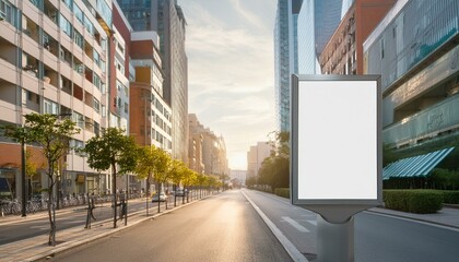 Obraz premium A city street lined with buildings, featuring a prominent billboard displaying a mockup advertisement.