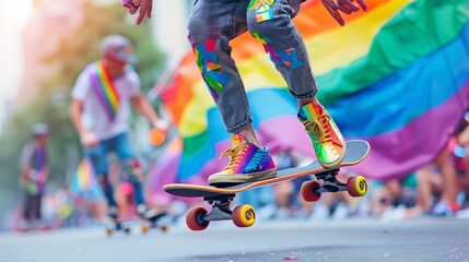 A photo of a person riding a skateboard decorated with rainbow stickers, performing tricks and flips during a Pride Parade.
