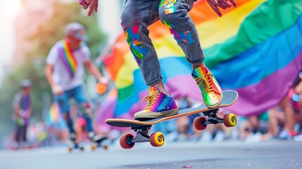 A photo of a person riding a skateboard decorated with rainbow stickers, performing tricks and flips during a Pride Parade. - Powered by Adobe