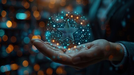 Professional hand in a tailored suit holding a digital interface icon showing a 3-star rating