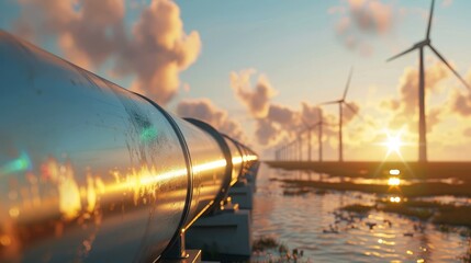 Hydrogen pipeline with wind turbines in the background symbolizing green hydrogen production (close up, renewable energy, realistic, Fusion, open field backdrop)