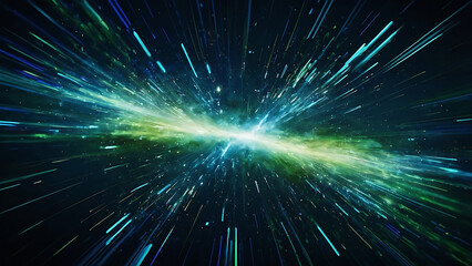 Fototapeta premium Abstract background in blue green and white neon glow colors. Speed of light in galaxy. Explosion in universe