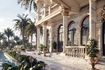 Obraz premium Intricate details in a 3D render of a grand villa with realistic features (close up, upscale residence, dynamic, Composite, beachfront property backdrop)
