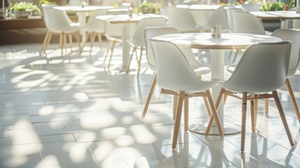 Elegant restaurant interior with white chairs and tables, sunlight creating soft shadows on the...