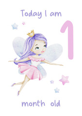 Baby Milestone Card of Cute little fairy and stars. Baby's one month. One months of baby girl. Monthly numbers cards. Newborn month postcard. Card for kids' photos.