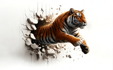 A tiger breaks through the white wall of a room
