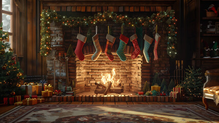 Christmas stockings hanging on the fireplace mantle in a cozy and nostalgic room decorated for the holidays. Classic holiday traditions with a large family, many kids; Centered, symmetrical layout