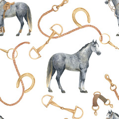 Seamless pattern with watercolor illustration of gray horse, rope,golden snaffle, bit and horseshoes. Equipment for horse riding set. Isolated. For cards, prints, decor