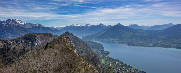 Wonderful views on a walk above the picturesque Lake Annecy. Route along the ridge from Mont...
