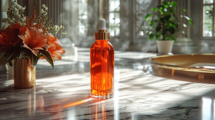 transparent orange bottle illuminated by sunlight on reflective surface with green leaves in background