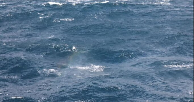 4k UHD slow motion waves, breakers and swell in the blue ocean on a windy day looking over the side of a ship