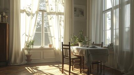 Serene dining area flooded with bright morning light coming through open window curtains