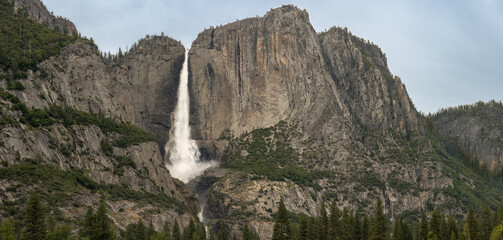 Thick Water Flow in Upper Yosemite Fall Drops into Valley
