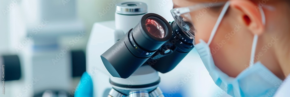 Wall mural laboratory assistant looks through a microscope studying microorganisms