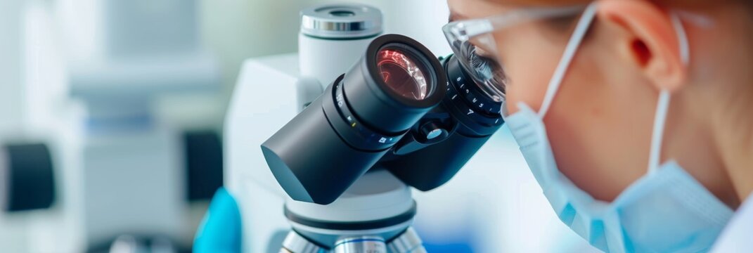 laboratory assistant looks through a microscope studying microorganisms