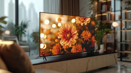 Close-up of a smart TV with an LED screen mockup, showcasing a high-resolution image