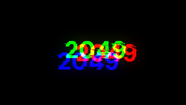 3D rendering 2049 text with screen effects of technological glitches