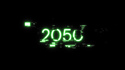 3D rendering 2050 text with screen effects of technological glitches