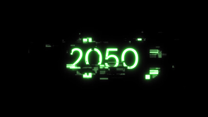 3D rendering 2050 text with screen effects of technological glitches