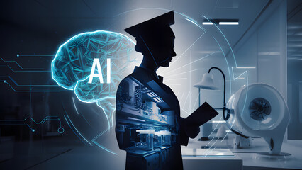 Conceptual representation of an AI graduate, symbolizing the intersection of artificial intelligence and education.