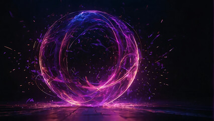 Abstract neon energy sphere with a hollow circle in the center with pulsing majestic energy particles on a dark background