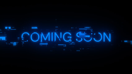3D rendering coming soon text with screen effects of technological glitches
