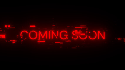 3D rendering coming soon text with screen effects of technological glitches