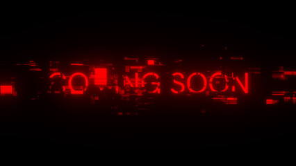 3D rendering coming soon text with screen effects of technological glitches