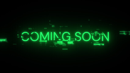 3D rendering coming soon text with screen effects of technological glitches