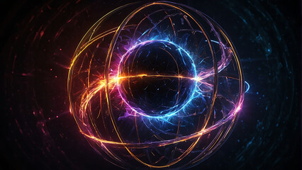 Obraz premium Abstract neon energy sphere with a hollow circle in the center with pulsing majestic energy particles dancing around the outline of the circle sphere on a dark background