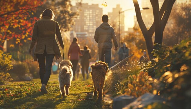 People walking the dogs at a public park in the morning