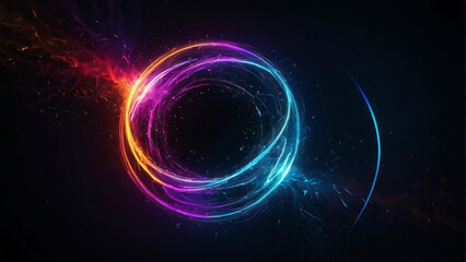 Abstract neon energy sphere with a hollow circle in the center with pulsing majestic energy particles dancing around the outline of the circle sphere on a dark background