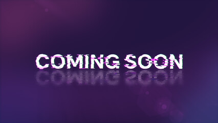 3D rendering coming soon text with screen effects of technological glitches